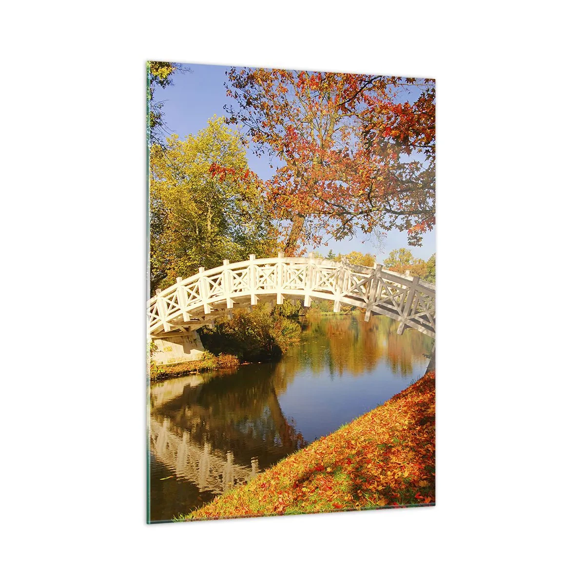 Glasbild - Bild auf glas - Eine Holzbrücke über einen Fluss, umgeben von Herbstfarben - 50x70cm - Auf der weißen Seufzerbrücke - Moderne Wanddekoration für Wohnzimmer und Schlafzimmer ARTTOR