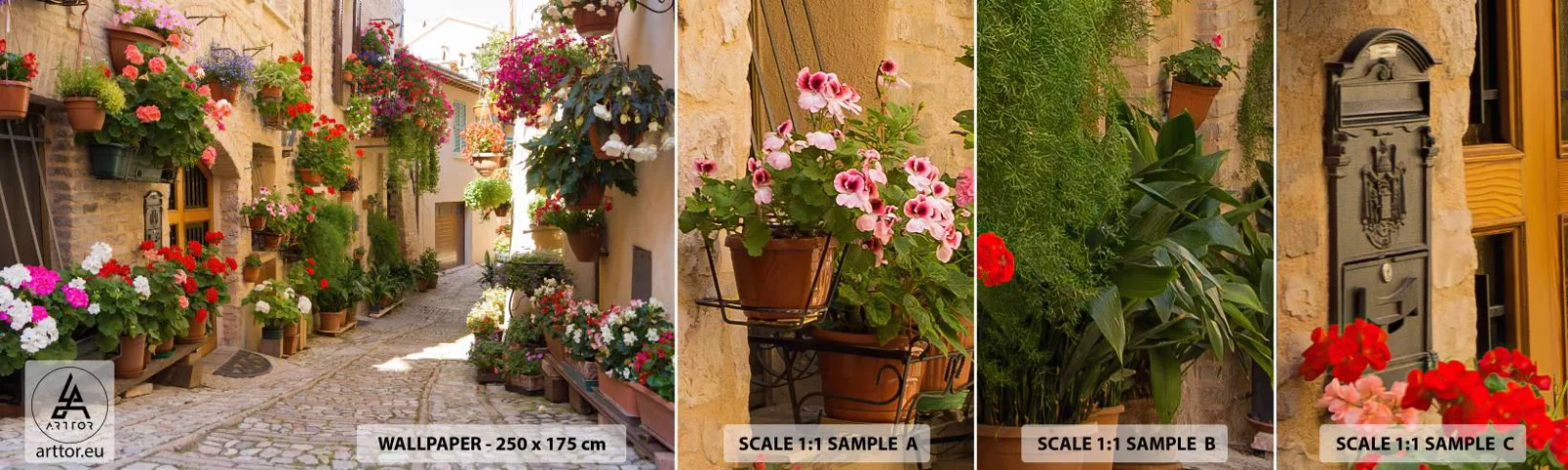 Fototapeten Muster Selbstklebend Deluxe Sticker - In der Flut Blumen - Stadt, Italien, Schöne Straßen - 100x30 cm