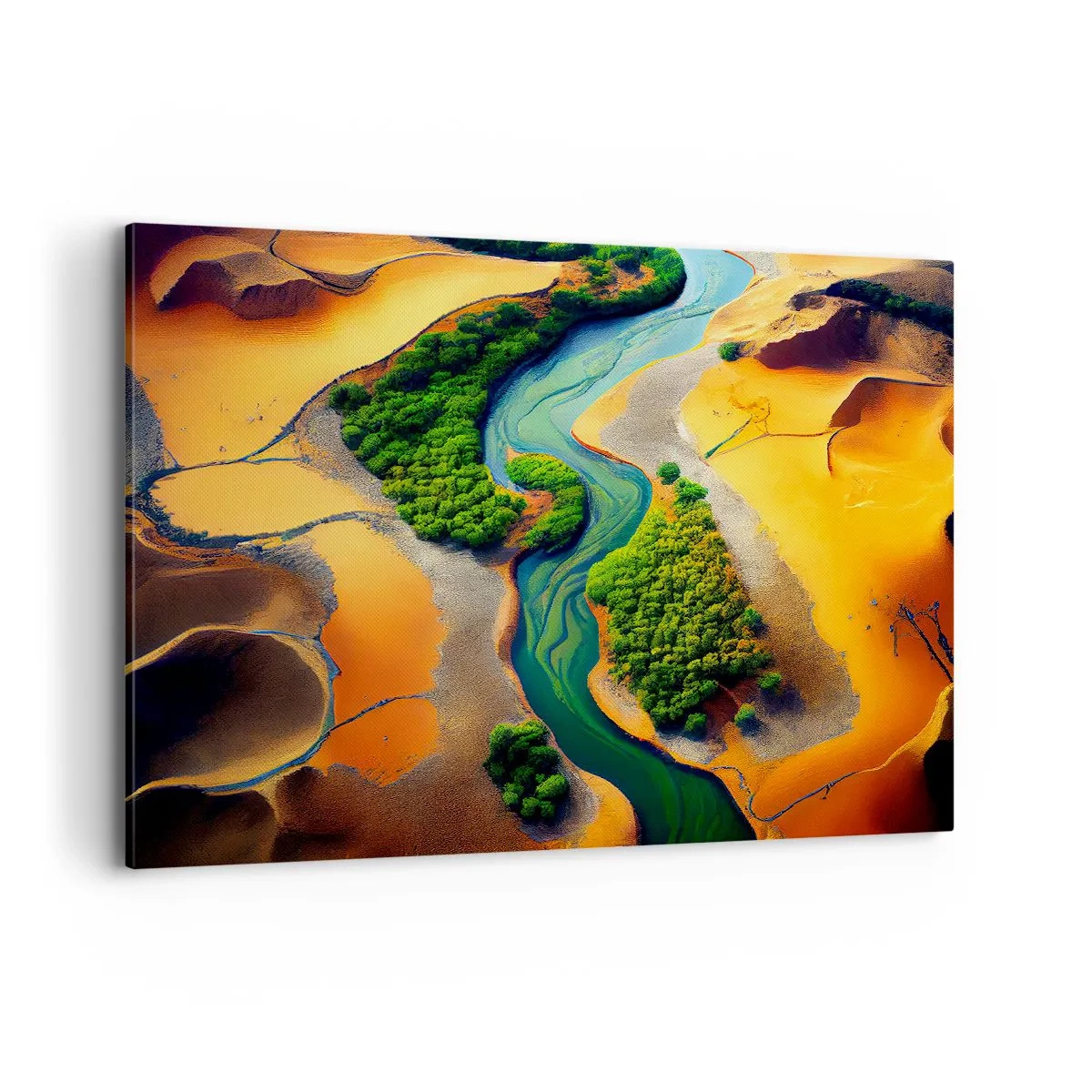 Bild auf Leinwand - Leinwandbild - Ein grüner Fluss, umgeben von goldenem Sand und Vegetation - 100x70cm - Lebensspendender Fluss - Moderne Wanddekoration für Wohnzimmer und Schlafzimmer ARTTOR