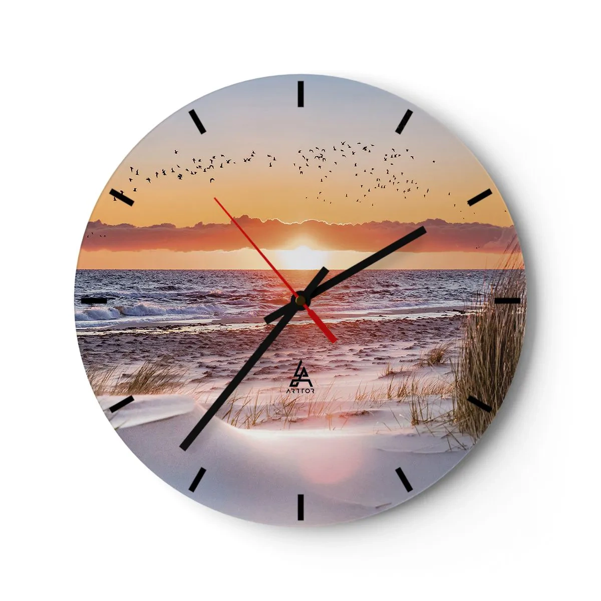 Wanduhr - Glasuhr - Sonnenuntergang über dem Meer mit Vögeln und Sand im Vordergrund - 30x30cm - Horizontale Landschaft - Moderne Wanddekoration für Wohnzimmer, Küche und Schlafzimmer ARTTOR