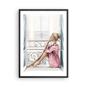 Poster in einem schwarzem Rahmen - Eine Frau im rosa Bademantel sitzt auf einem Balkon - 50x70cm - Pariser Morgen - Moderne Wanddekoration für Wohnzimmer und Schlafzimmer ARTTOR