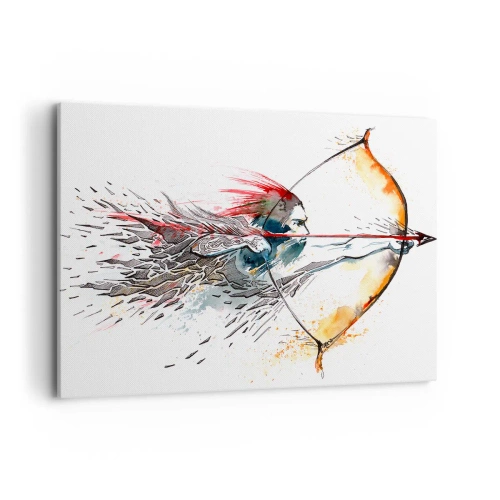 Bild auf Leinwand - Leinwandbild - Dynamisches Aquarell eines Kriegers mit Pfeil und Bogen - 100x70cm - Mythischer Krieger mit feurigem Bogen - Moderne Wanddekoration für Wohnzimmer und Schlafzimmer ARTTOR