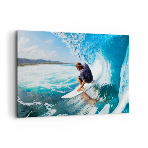 Bild auf Leinwand - Leinwandbild - Ein Surfer in dynamischer Pose auf einer Welle im türkisfarbenen Wasser. - 120x80cm - Tanzen mit den Wellen - Moderne Wanddekoration für Wohnzimmer und Schlafzimmer ARTTOR