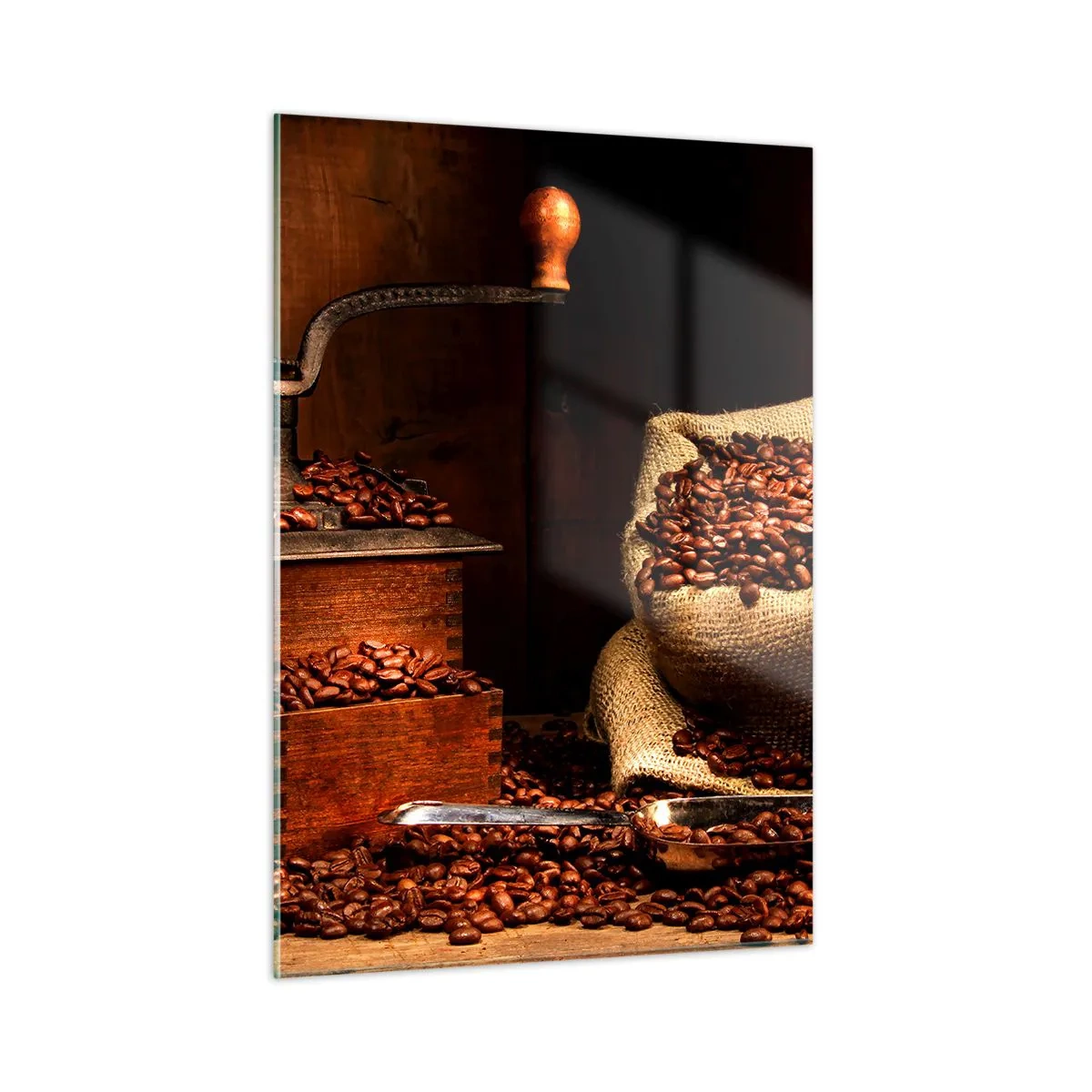 Glasbild - Bild auf glas - Eine alte Kaffeemühle mit Bohnen und einer Tüte Kaffee - 50x70cm - Stillleben mit Kaffeebohnen und einer Mühle - Moderne Wanddekoration für Wohnzimmer und Schlafzimmer ARTTOR