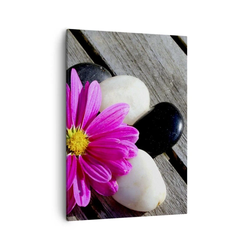 Bild auf Leinwand - Leinwandbild - Rosa Blume auf einem Hintergrund aus Holzbrettern mit Steinen - 50x70cm - Ruhe auf dem Pier - Moderne Wanddekoration für Wohnzimmer und Schlafzimmer ARTTOR