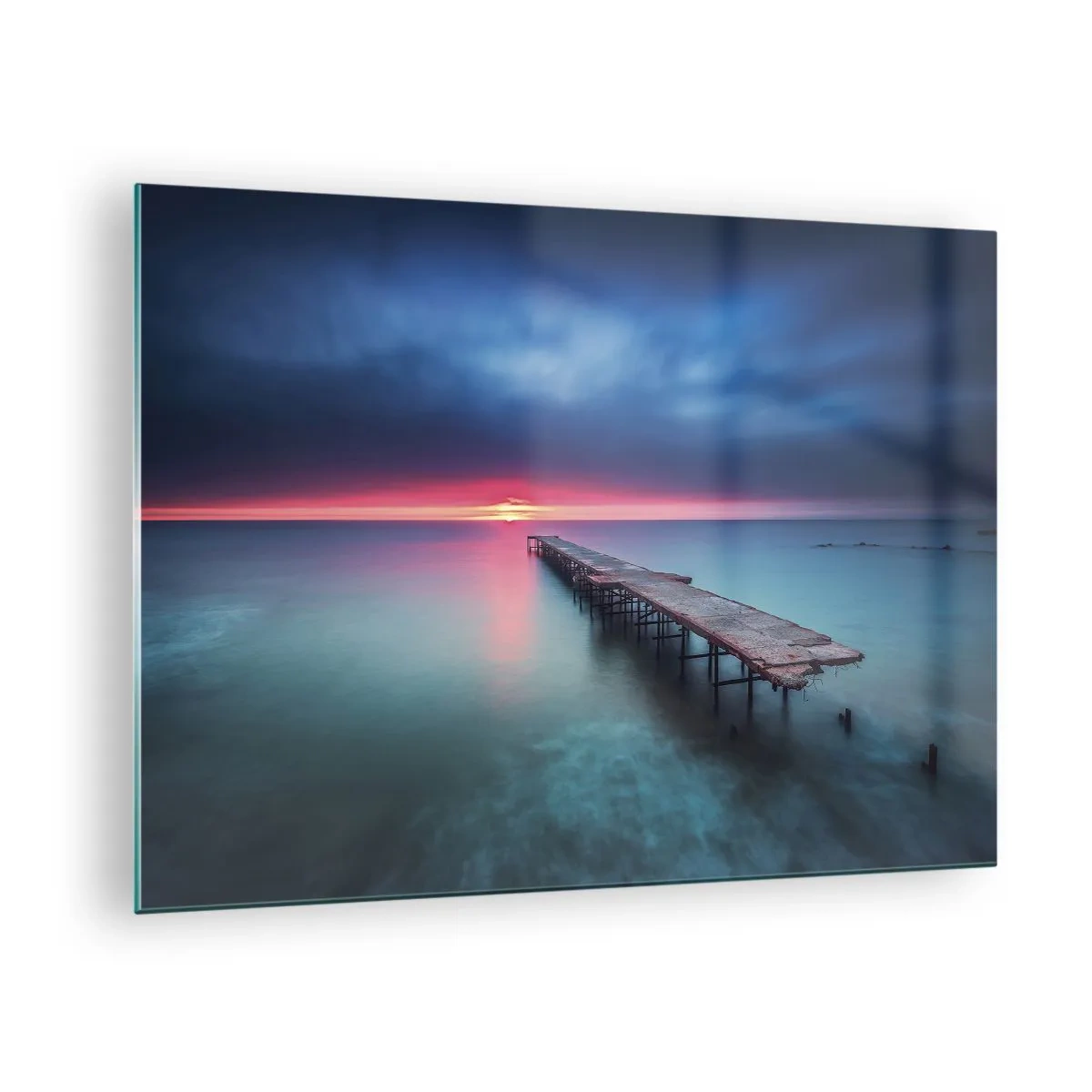 Glasbild - Bild auf glas - Pier, der in Richtung untergehender Sonne führt - 70x50cm - Zwischen Himmel und Erde - Moderne Wanddekoration für Wohnzimmer und Schlafzimmer ARTTOR