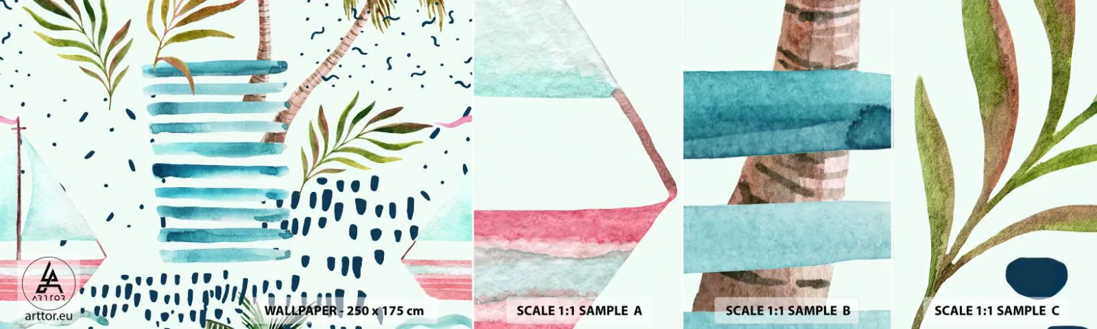 Fototapeten Muster Selbstklebend Deluxe Sticker - Urlaub unter Palmen - Aquarelle, Kokusnuss-Palme, Segelboot - 100x30 cm