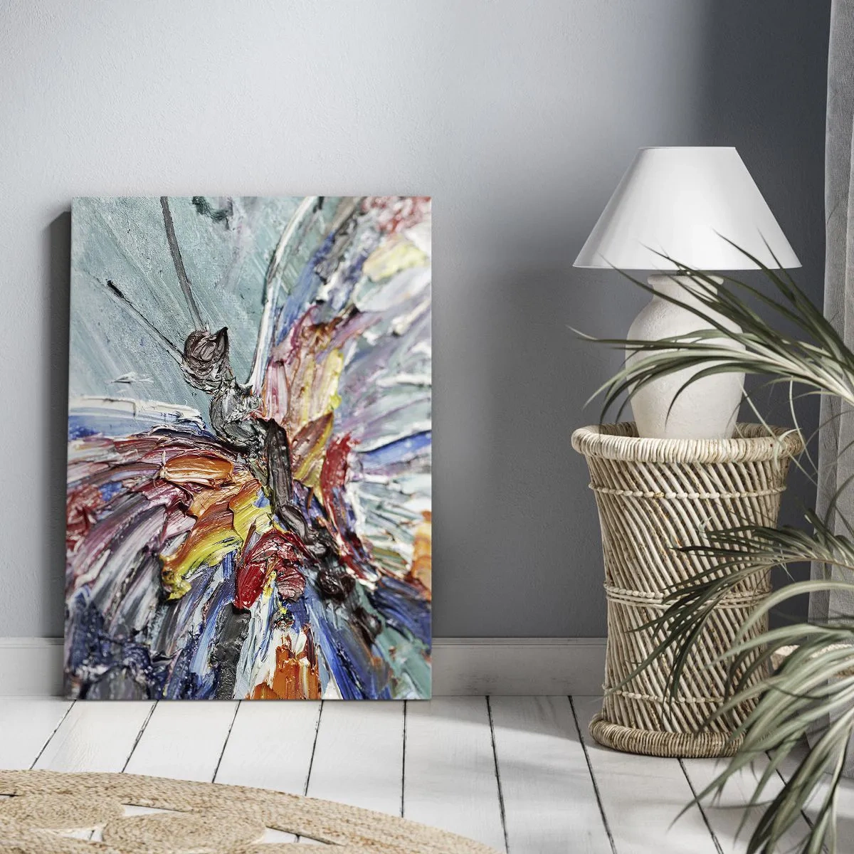 Bild auf Leinwand - Leinwandbild - Bunter Impasto-Schmetterling auf pastellfarbenem Hintergrund - 70x100cm - Von der Natur gemalt - Moderne Wanddekoration für Wohnzimmer und Schlafzimmer ARTTOR