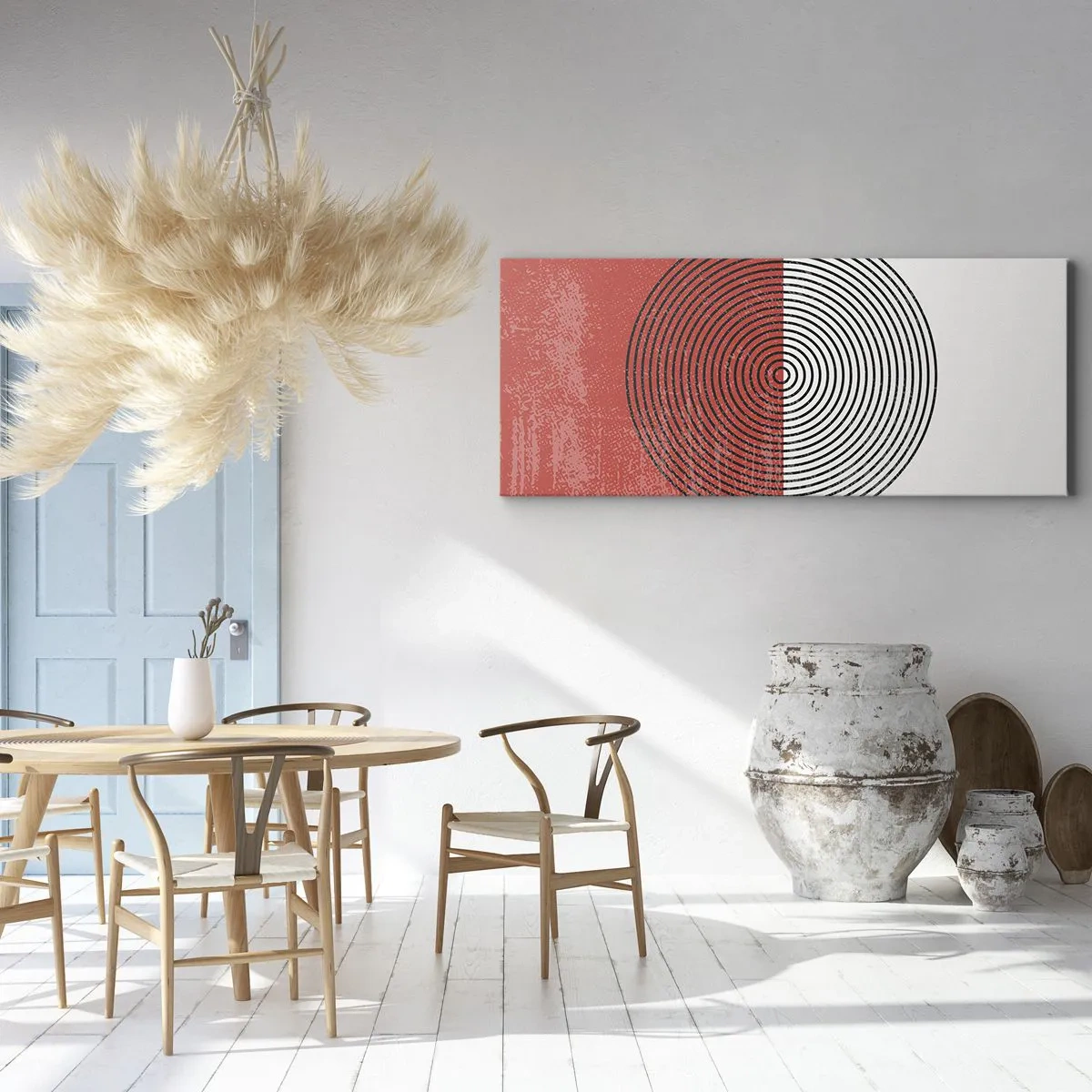 Bild auf Leinwand - Leinwandbild - Geometrisches Muster mit konzentrischen Kreisen auf rot-weißem Hintergrund - 140x50cm - Auf den Punkt gebracht - Moderne Wanddekoration für Wohnzimmer und Schlafzimmer ARTTOR
