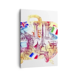 Bild auf Leinwand - Leinwandbild - Aquarell europäischer Symbole mit Länderflaggen - 50x70cm - Europa Tour - Moderne Wanddekoration für Wohnzimmer und Schlafzimmer ARTTOR