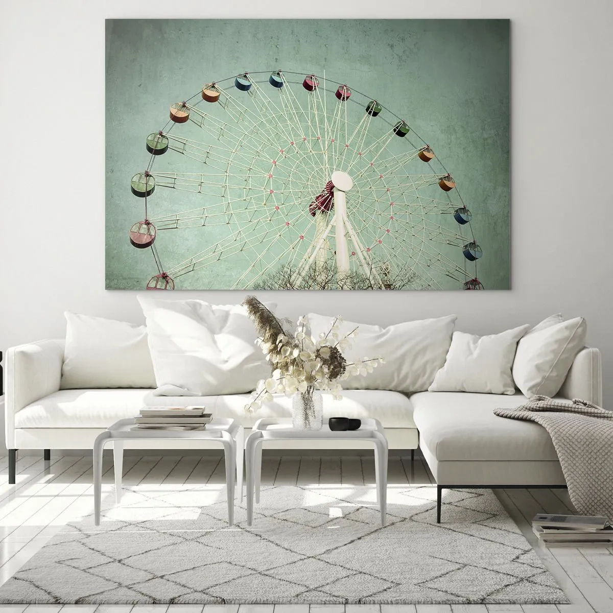 Glasbild - Bild auf glas - Ein buntes Riesenrad vor einem pastellgrünen Hintergrund - 70x50cm - Wir laden zum Spiel ein - Moderne Wanddekoration für Wohnzimmer und Schlafzimmer ARTTOR