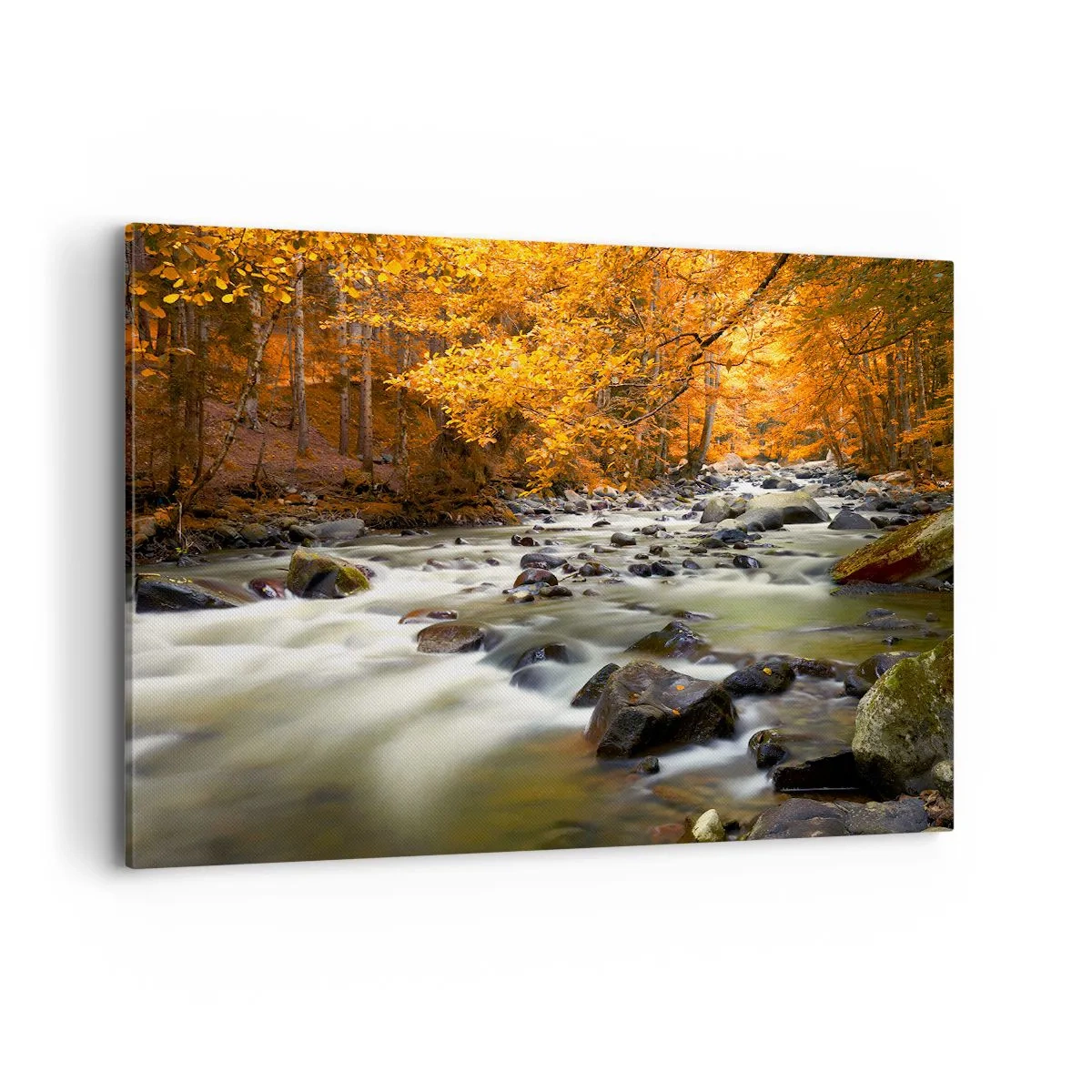 Bild auf Leinwand - Leinwandbild - Ein Bach in einem herbstlichen Wald, umgeben von goldenen Blättern - 120x80cm - Ein Bach in einem goldenen Wald - Moderne Wanddekoration für Wohnzimmer und Schlafzimmer ARTTOR