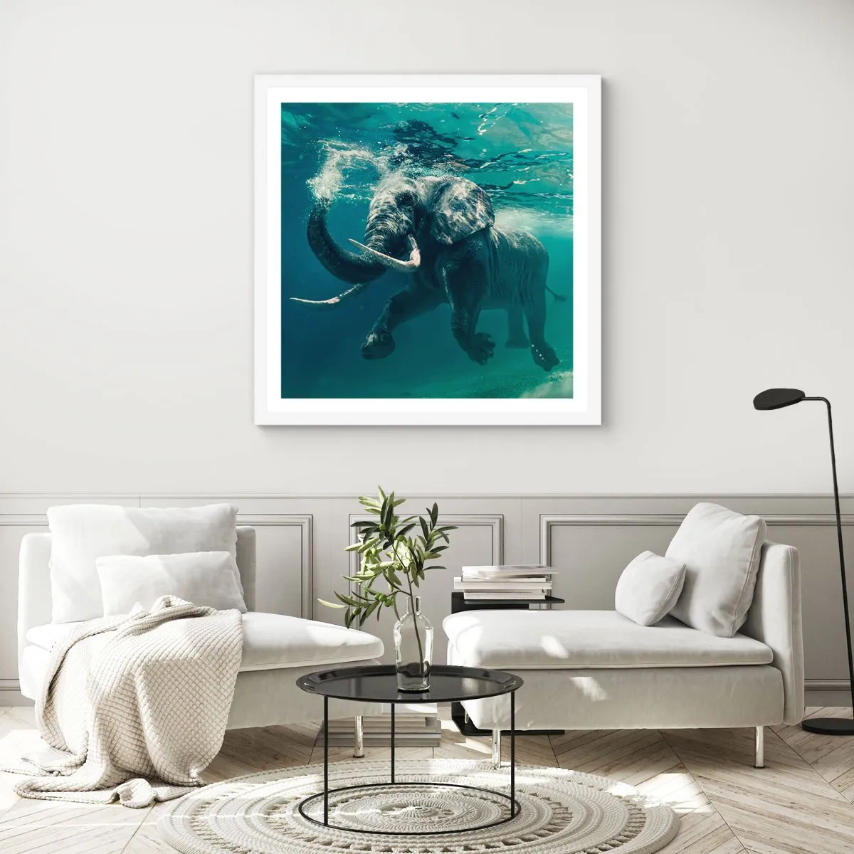 Poster in einem weißen Rahmen - Jeder schwimmt gerne - 40x40 cm