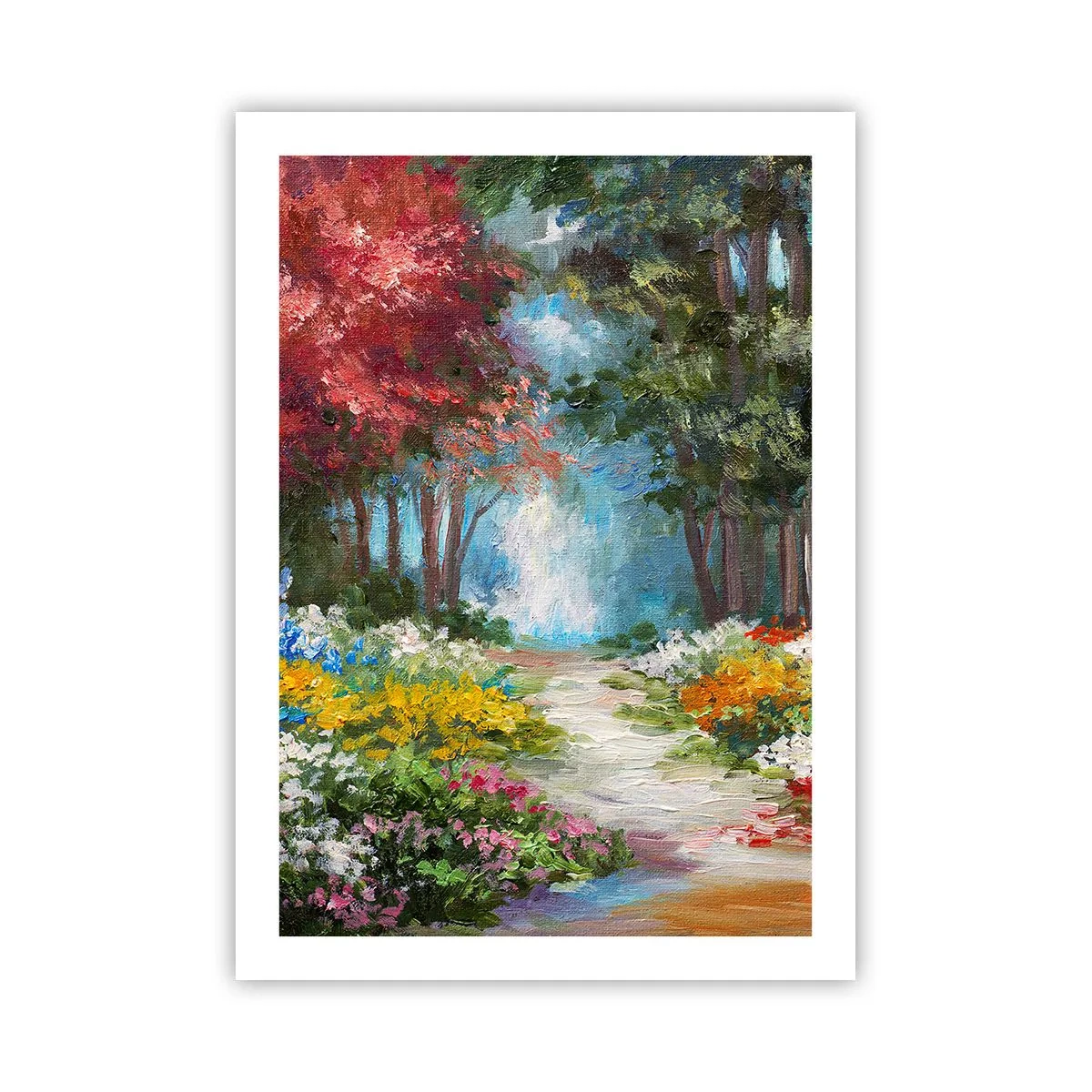 Poster - Ein farbenfroher Waldgarten voller Blumen und Bäume - 50x70cm - Waldgarten, Blumenwald - Moderne Wanddekoration für Wohnzimmer und Schlafzimmer ARTTOR