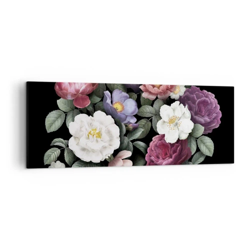 Bild auf Leinwand - Leinwandbild - Blumen in verschiedenen Farben auf schwarzem Hintergrund - 140x50cm - Aus dem Englischen Garten - Moderne Wanddekoration für Wohnzimmer und Schlafzimmer ARTTOR