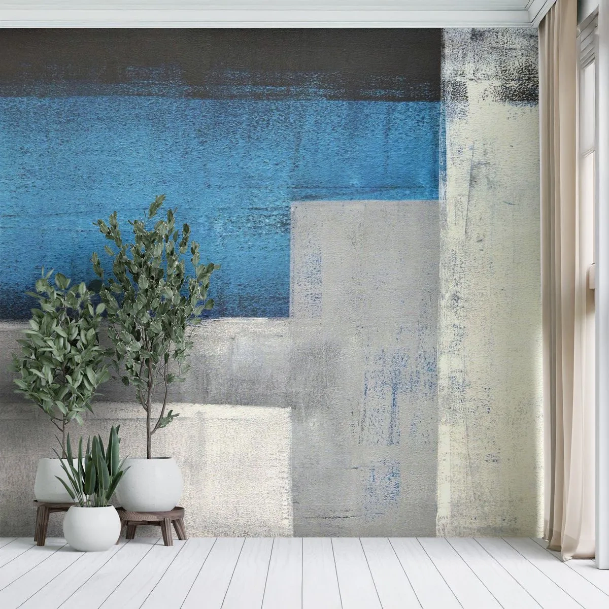 Fototapete Premium Sand - Eine abstrakte Komposition aus Rechtecken in Blau und Grau. - 100x70cm - Poetische Komposition aus Grau und Blau - Moderne Wanddekoration für Wohnzimmer und Schlafzimmer ARTTOR