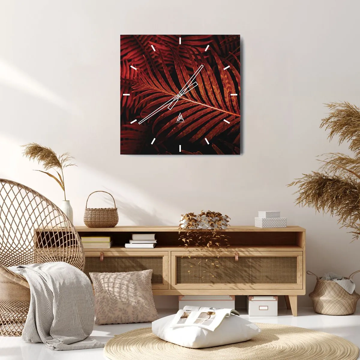 Wanduhr - Glasuhr - Nahaufnahme von roten tropischen Blättern - 30x30cm - Die Hitze des Lebens - Moderne Wanddekoration für Wohnzimmer und Schlafzimmer ARTTOR