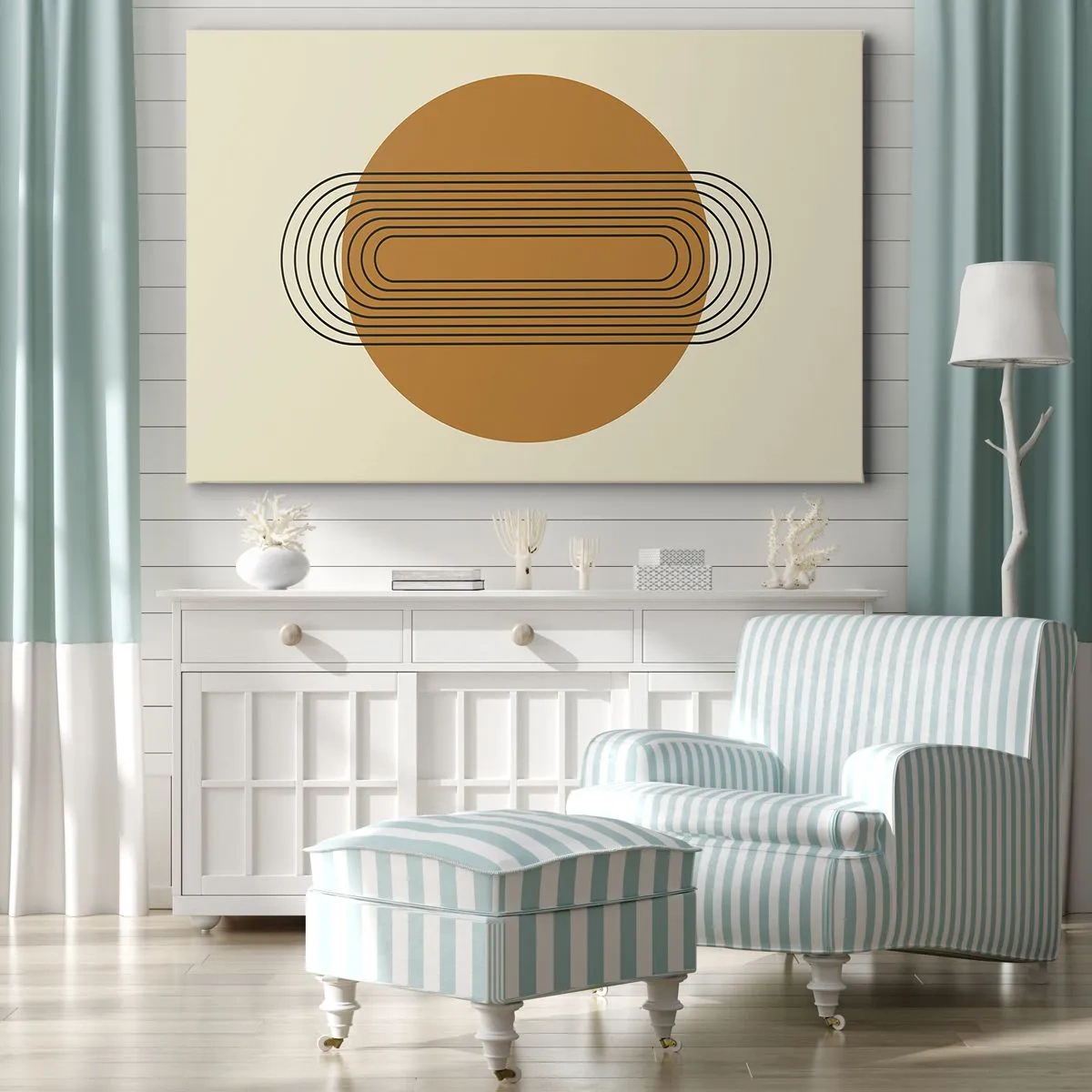 Bild auf Leinwand - Leinwandbild - Geometrisches Muster mit orangefarbenen Kreisen und Linien - 120x80cm - Perfekter Plan - Moderne Wanddekoration für Wohnzimmer und Schlafzimmer ARTTOR