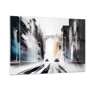 Glasbild - Bild auf glas - Eine dynamische Stadtstraße mit Autos und einem Bogen im Hintergrund im malerischen Stil. - 120x80cm - Stadtstudie: Architektur und Bewegung - Moderne Wanddekoration für Wohnzimmer und Schlafzimmer ARTTOR