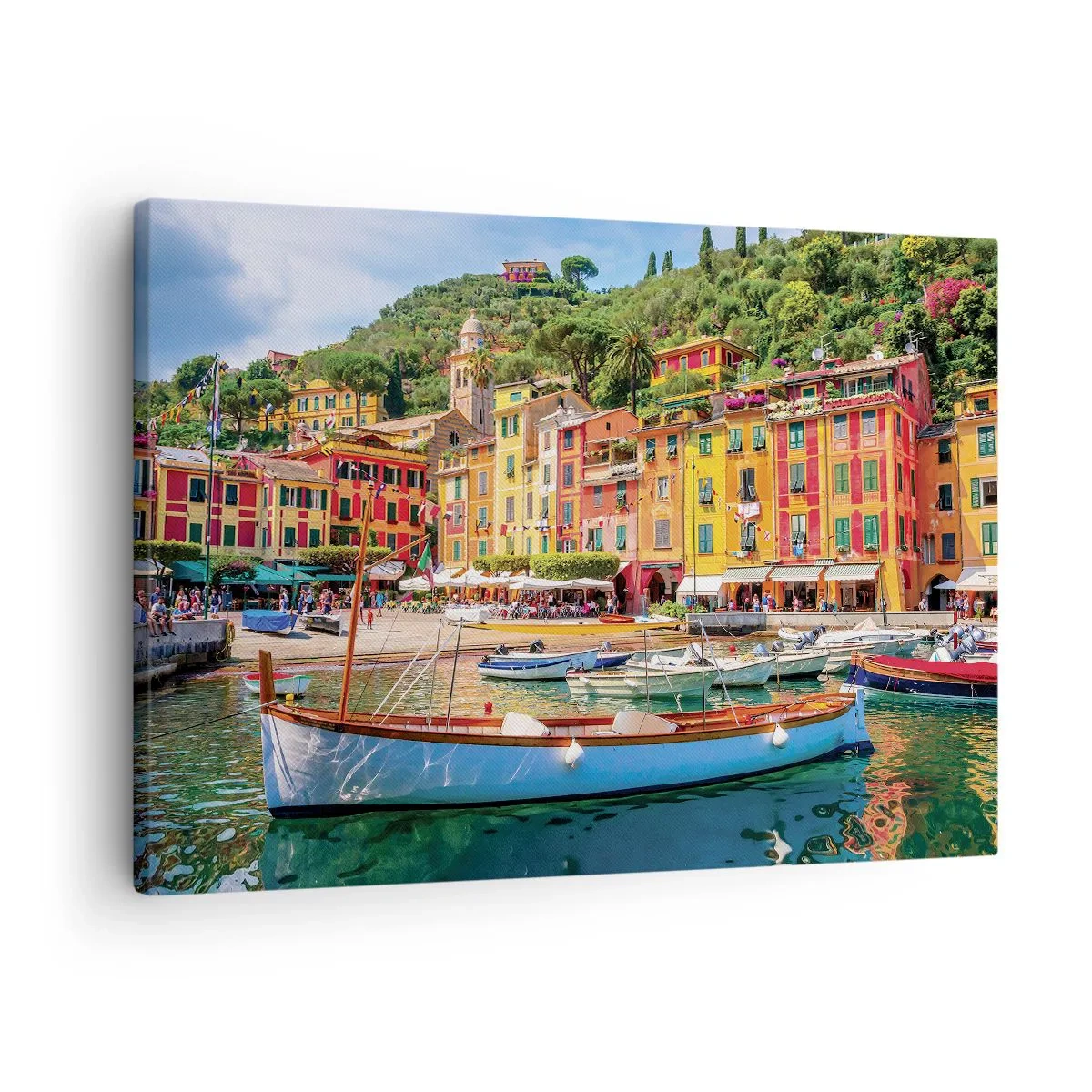 Bild auf Leinwand - Leinwandbild - Bunte Stadthäuser und Boote in einer italienischen Küstenstadt - 70x50cm - Italienischer Morgen - Moderne Wanddekoration für Wohnzimmer und Schlafzimmer ARTTOR
