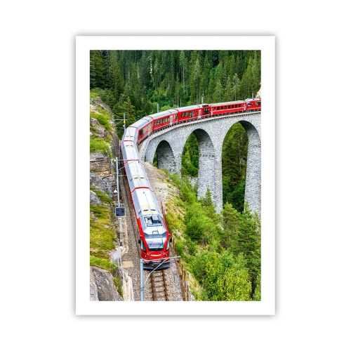 Poster - Ein roter Zug auf einem Viadukt, umgeben von einem grünen Wald - 50x70cm - Eisenbahn für Bergblick - Moderne Wanddekoration für Wohnzimmer und Schlafzimmer ARTTOR