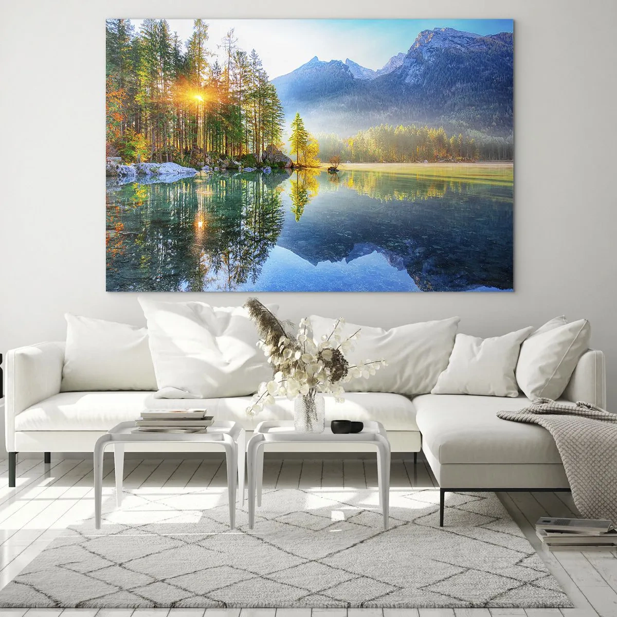 Glasbild - Bild auf glas - Berglandschaft mit See und Morgensonne - 70x50cm - Majestät und Süße - Moderne Wanddekoration für Wohnzimmer und Schlafzimmer ARTTOR
