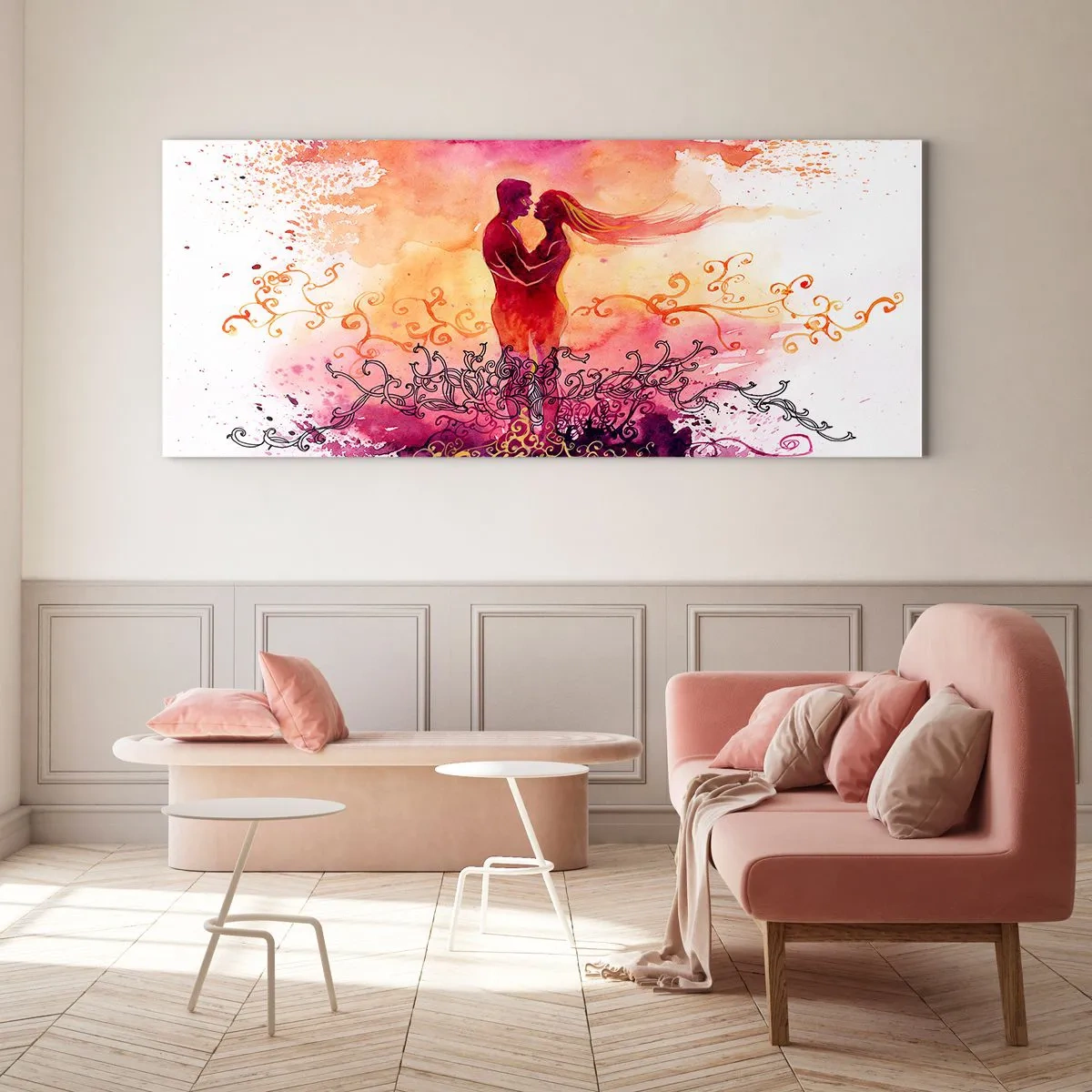 Glasbild - Bild auf glas - Ein Paar umarmt sich vor einem abstrakten rosa und orangefarbenen Muster - 140x50cm - Ein Herz! ich brauche so wenig... - Moderne Wanddekoration für Wohnzimmer und Schlafzimmer ARTTOR