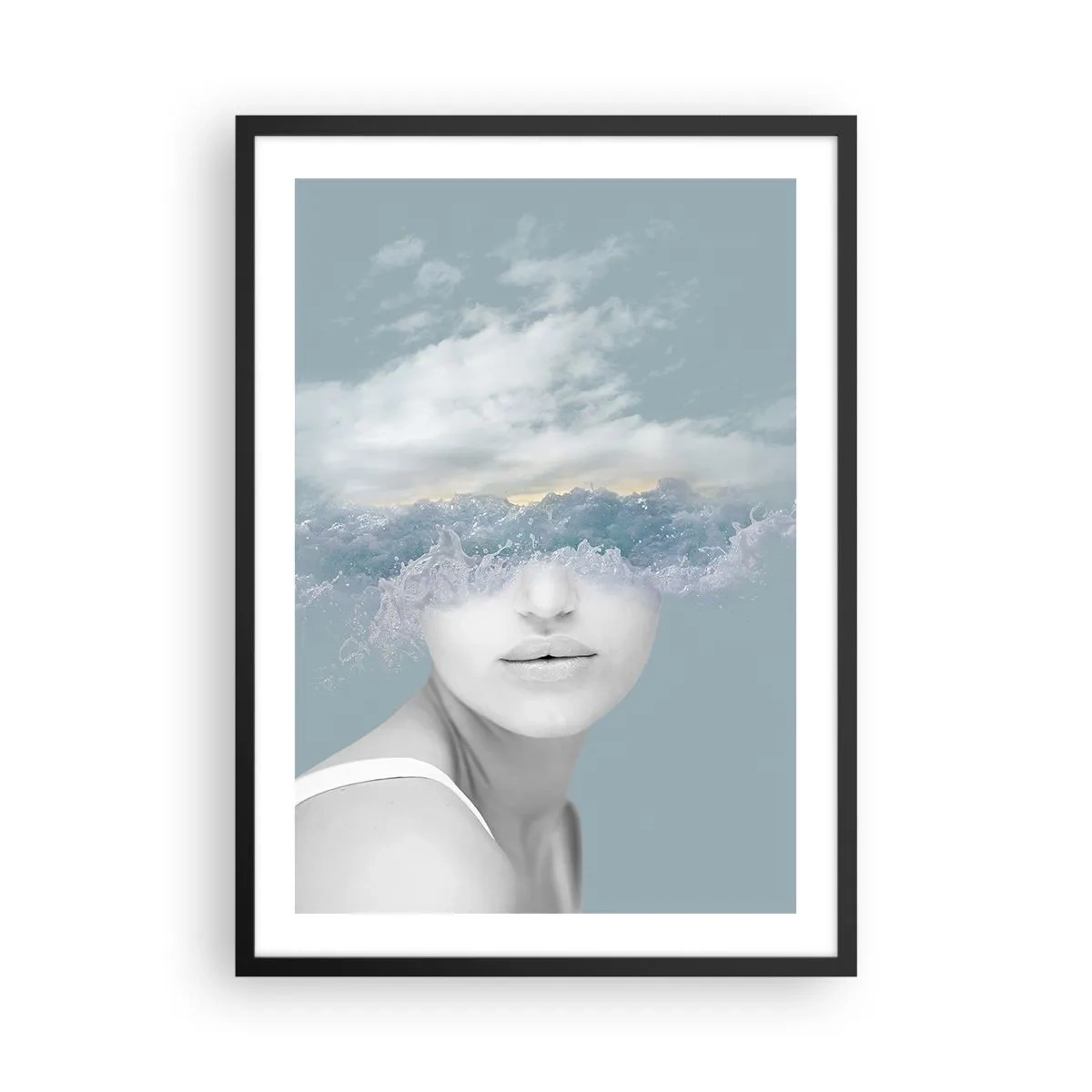 Poster in einem schwarzem Rahmen - Eine Frau mit Meereswellen als Augen - 50x70cm - Mit dem Kopf in den Wolken - Moderne Wanddekoration für Wohnzimmer und Schlafzimmer ARTTOR
