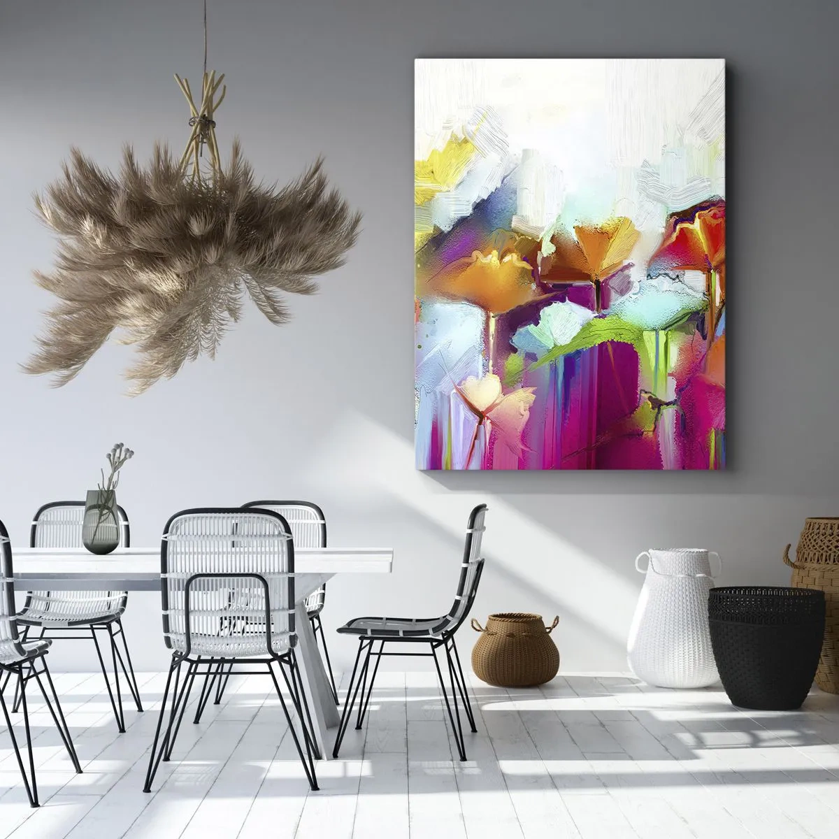 Bild auf Leinwand - Leinwandbild - Abstrakte bunte Blumen auf hellem Hintergrund - 50x70cm - Der Regenbogen ist aufgeblüht - Moderne Wanddekoration für Wohnzimmer und Schlafzimmer ARTTOR