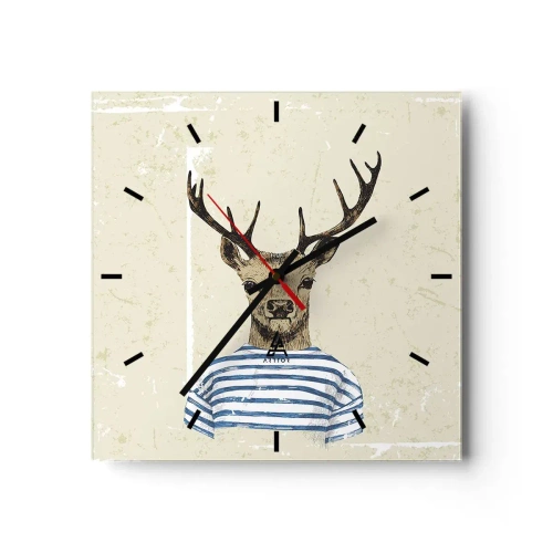 Wanduhr - Glasuhr - Ein Hirsch im gestreiften Hemd auf hellem Hintergrund mit zarter Textur - 30x30cm - Weil ich gestreifte T-Shirts mag! - Moderne Wanddekoration für Wohnzimmer und Schlafzimmer ARTTOR