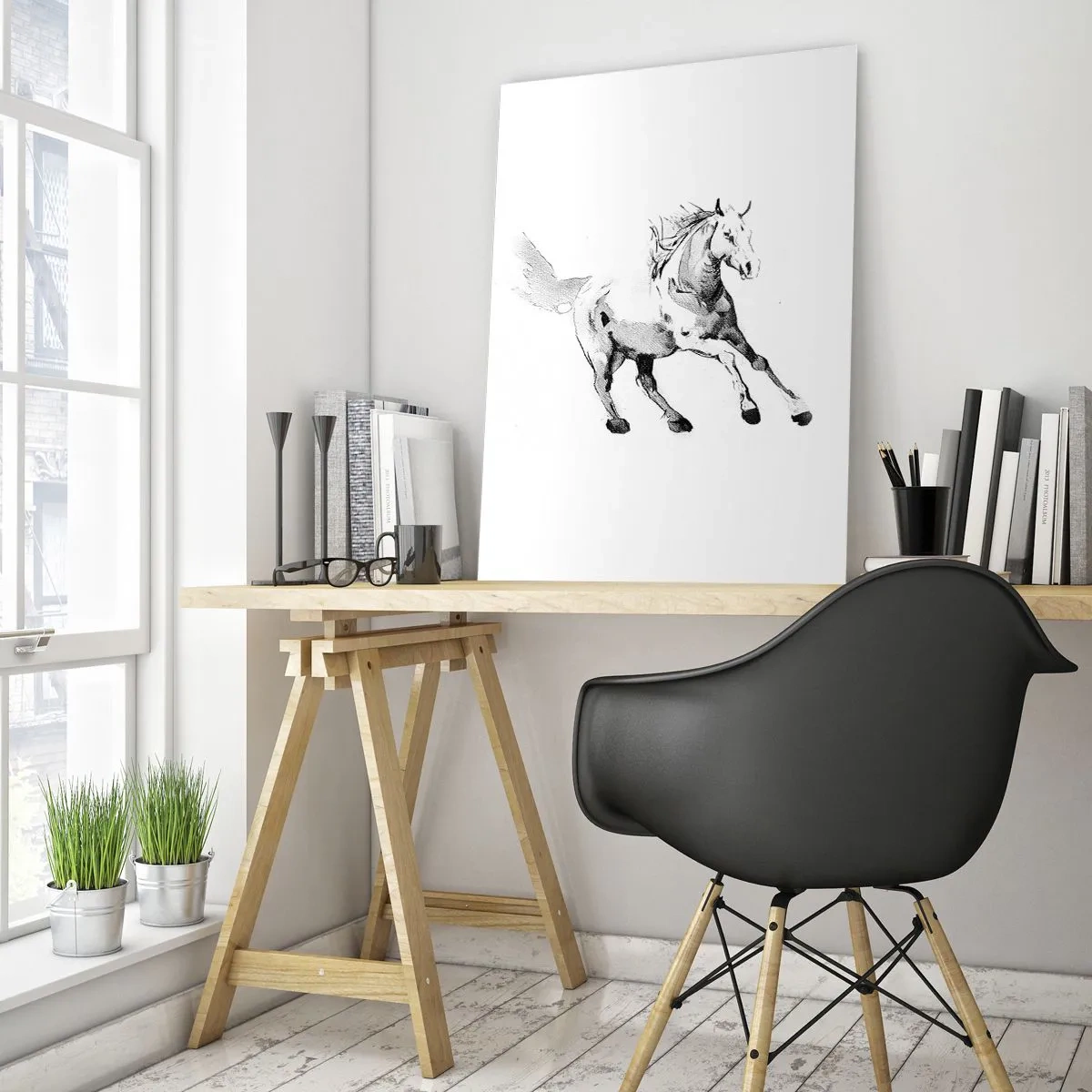 Glasbild - Bild auf glas - Schwarz-weiße Skizze eines galoppierenden Pferdes auf weißem Hintergrund - 50x70cm - Ungezähmte Seele - Moderne Wanddekoration für Wohnzimmer und Schlafzimmer ARTTOR