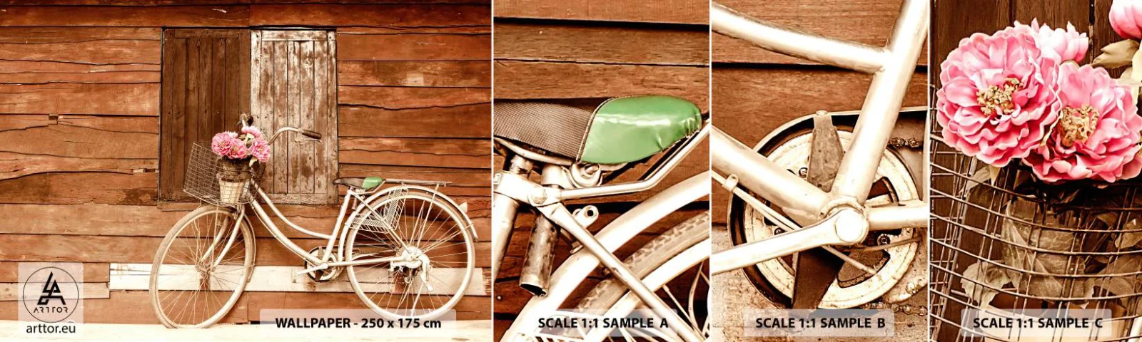 Fototapeten Muster Selbstklebend Deluxe Sticker - Ich komme gleich wieder - Fahrrad, Blumen, Holzhaus - 100x30 cm