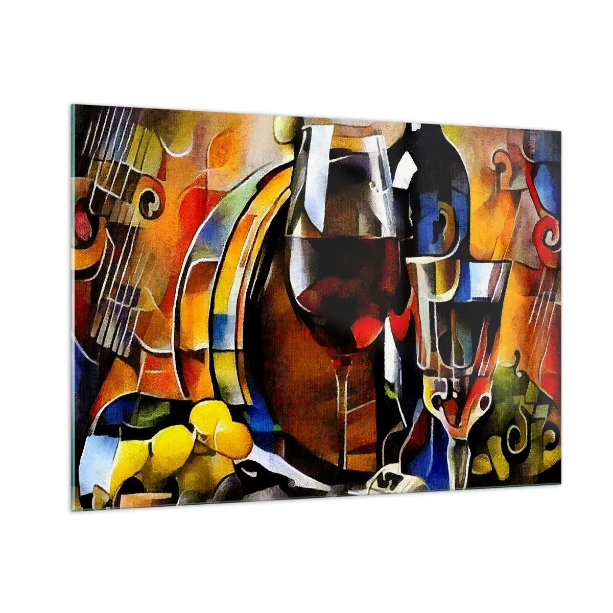 Glasbild - Bild auf glas - Abstrakte Komposition mit Weingläsern und Instrumenten - 100x70cm - Und die Welt nimmt Farben an - Moderne Wanddekoration für Wohnzimmer und Schlafzimmer ARTTOR