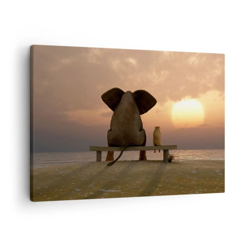 Bild auf Leinwand - Leinwandbild - Ein Elefant und ein Hund sitzen während des Sonnenuntergangs auf einer Bank am Strand. - 70x50cm - Es tut gut zusammen zu schweigen - Moderne Wanddekoration für Wohnzimmer und Schlafzimmer ARTTOR