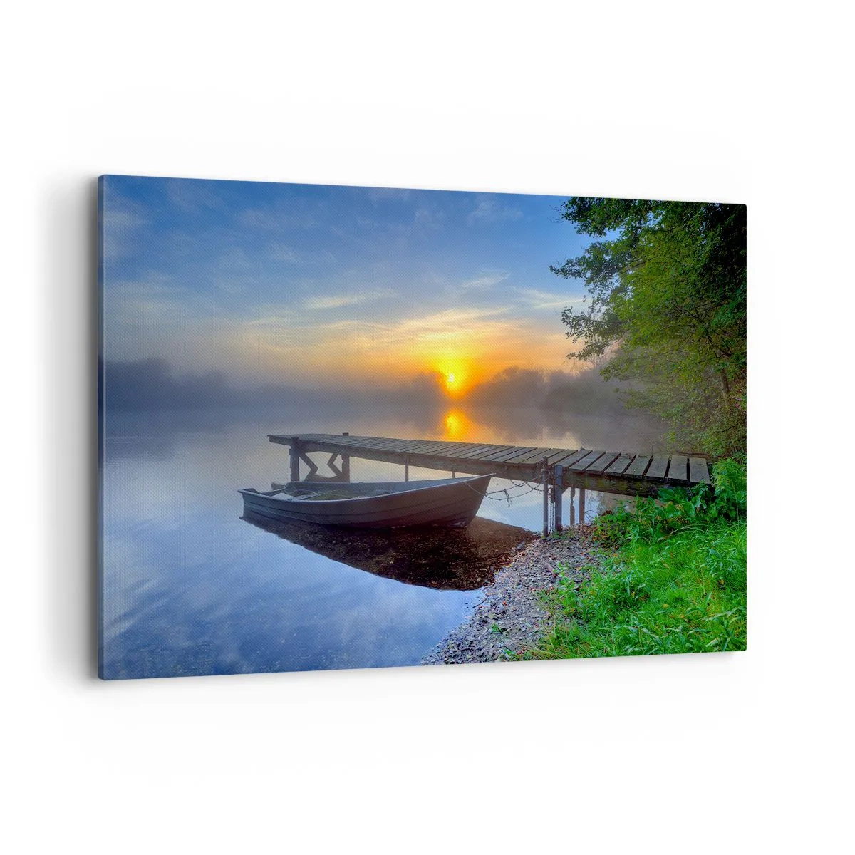 Bild auf Leinwand - Leinwandbild - Ein Seesteg bei Sonnenaufgang mit einem Boot am Ufer - 120x80cm - Wie aus Gewöhnlichem Magie wird - Moderne Wanddekoration für Wohnzimmer und Schlafzimmer ARTTOR