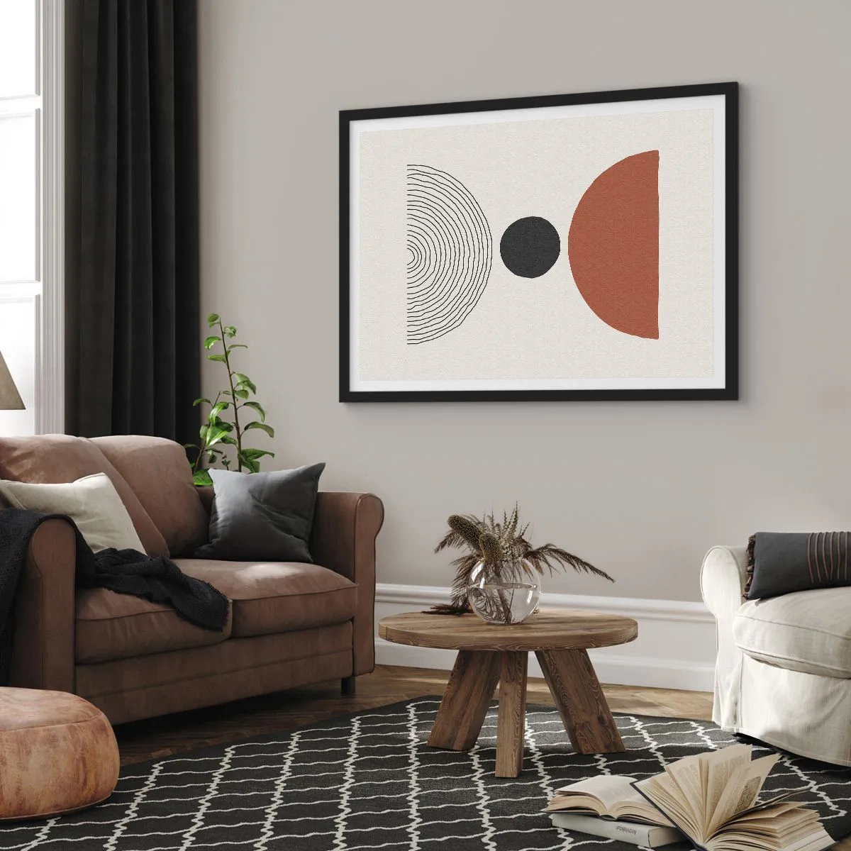 Poster in einem schwarzem Rahmen - Abstrakte geometrische Figuren in warmen Farben - 100x70cm - Das Zentrum der Aufmerksamkeit - Moderne Wanddekoration für Wohnzimmer und Schlafzimmer ARTTOR