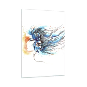 Glasbild - Bild auf glas - Eine Frau mit blauen Haaren und Kopfhörern, mit musikalischem Ausdruck - 50x70cm - Lass die Musik spielen - Moderne Wanddekoration für Wohnzimmer und Schlafzimmer ARTTOR