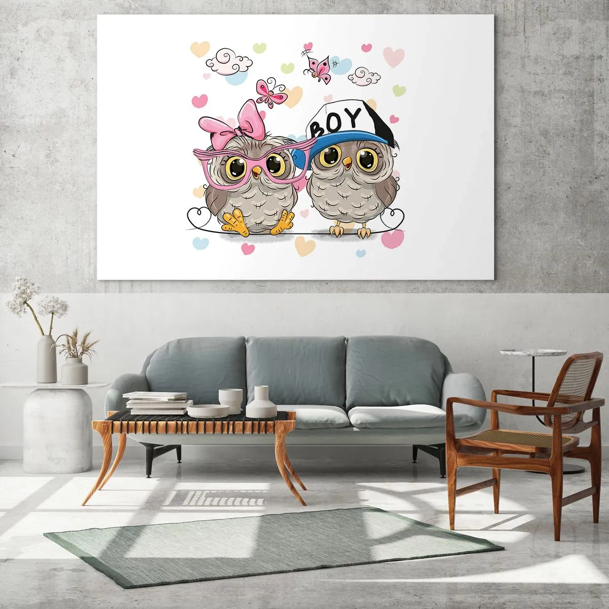 Glasbild - Bild auf glas - Ein Paar fröhlicher Eulen in einer Pastellkomposition - 70x50cm - Lass uns Liebe machen! - Moderne Wanddekoration für Wohnzimmer und Schlafzimmer ARTTOR