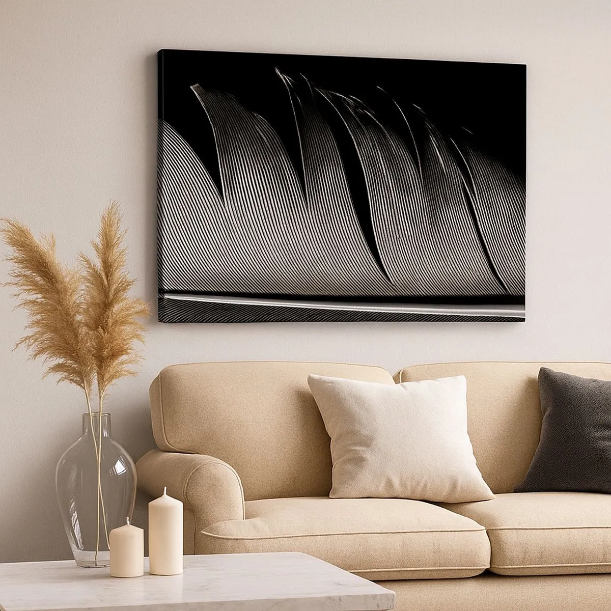 Bild auf Leinwand - Leinwandbild - Schwarz-weiße Federstruktur im minimalistischen Stil - 70x50cm - Stift – ein wunderbares Design - Moderne Wanddekoration für Wohnzimmer und Schlafzimmer ARTTOR