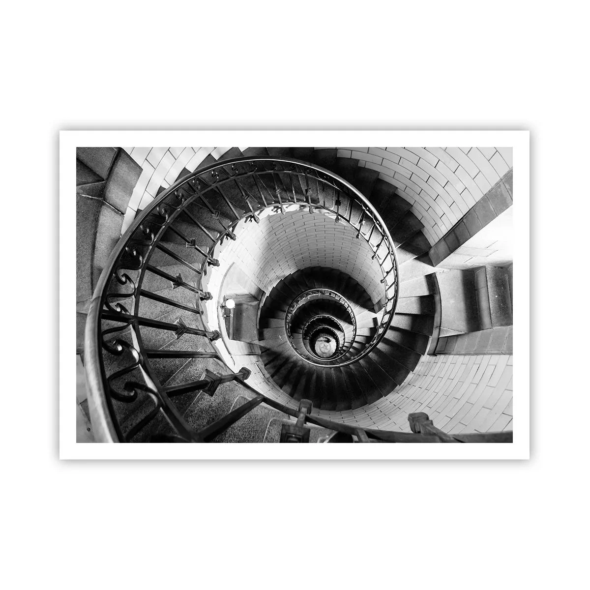 Poster - Schwarz-Weiß-Fotografie einer Wendeltreppe aus der Vogelperspektive - 100x70cm - Höher und höher - Moderne Wanddekoration für Wohnzimmer und Schlafzimmer ARTTOR