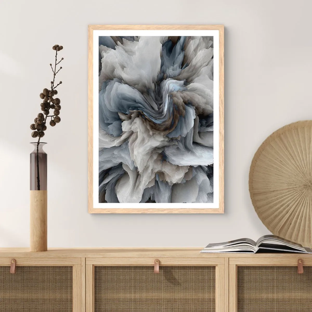 Poster in einem Rahmen aus heller Eiche - Stein und Blume - 30x40 cm