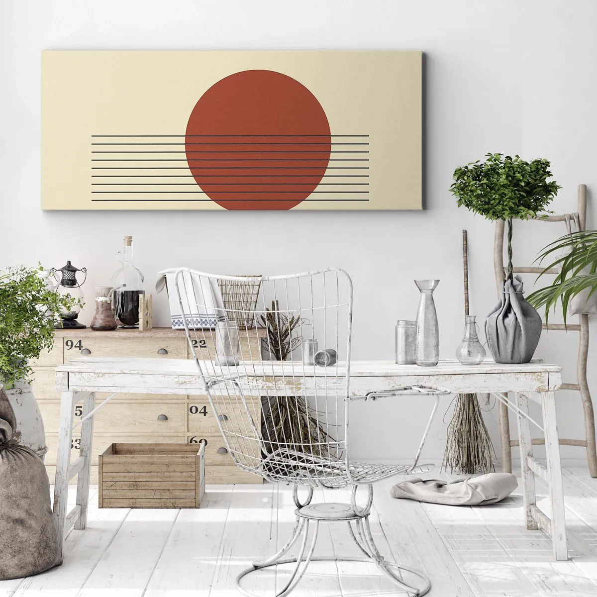 Bild auf Leinwand - Leinwandbild - Abstrakter roter Kreis mit Linien auf beigem Hintergrund. - 160x50cm - Immer wieder und weiter - Moderne Wanddekoration für Wohnzimmer und Schlafzimmer ARTTOR