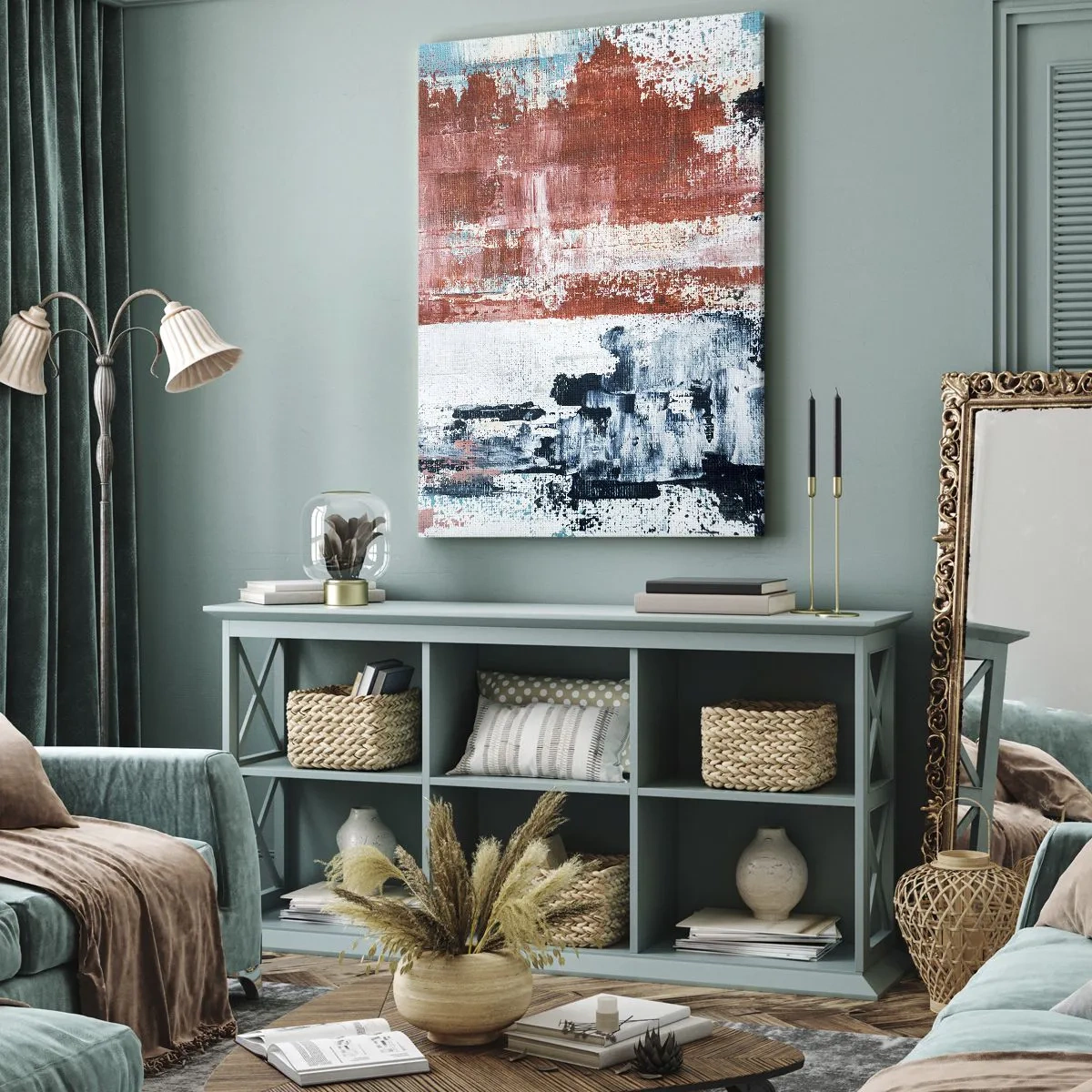 Bild auf Leinwand - Leinwandbild - Abstraktion in Weiß-, Blau- und Ziegelfarben - 70x100cm - Fünfzig-Fünfzig abstrakt - Moderne Wanddekoration für Wohnzimmer und Schlafzimmer ARTTOR