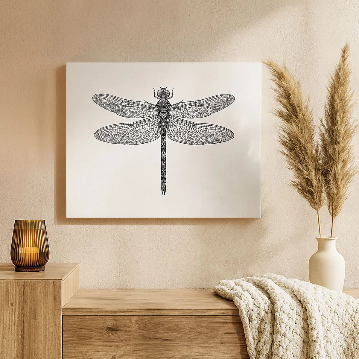 Bild auf Leinwand - Leinwandbild - Schwarz-weiße Zeichnung einer Libelle auf weißem Hintergrund im minimalistischen Stil - 70x50cm - Präzision der Natur - Moderne Wanddekoration für Wohnzimmer und Schlafzimmer ARTTOR