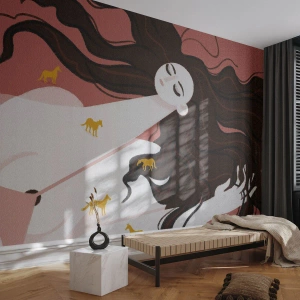 Selbstklebende Fototapete Deluxe Sticker - Traum von einem goldenen Pferd - Frau, Porträt, Minimalismus - 250x175 cm