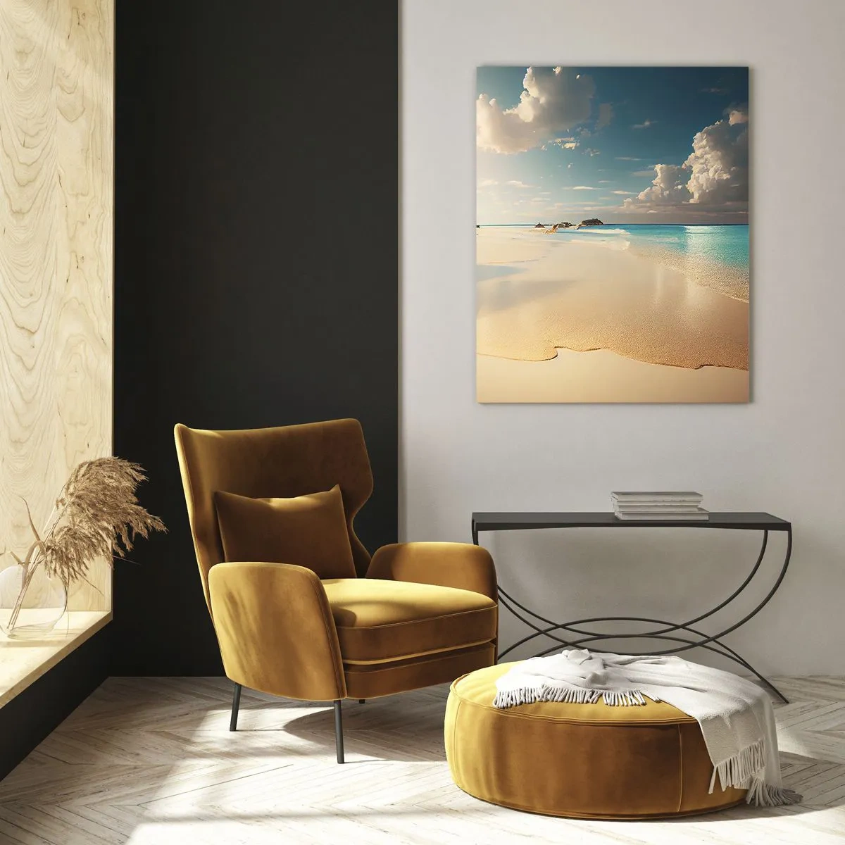 Glasbild - Bild auf glas - Ein sonniger Strand mit blauem Meer und Felsen - 80x120cm - Erträumter Tag - Moderne Wanddekoration für Wohnzimmer und Schlafzimmer ARTTOR