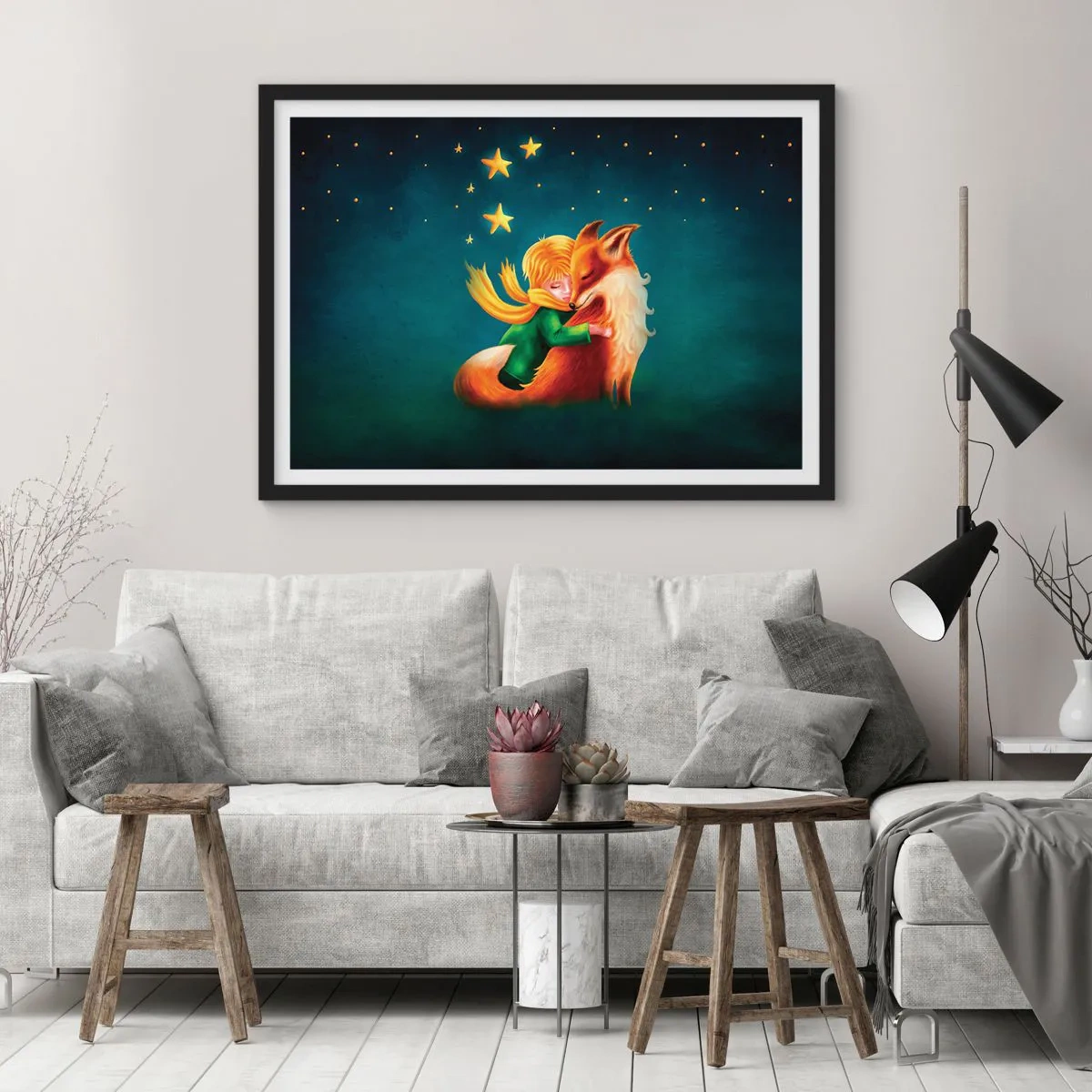 Poster in einem schwarzem Rahmen - Ein Junge mit einem Fuchs in einer magischen Umgebung mit Sternen - 70x50cm - Kleiner Prinz - Moderne Wanddekoration für Wohnzimmer und Schlafzimmer ARTTOR