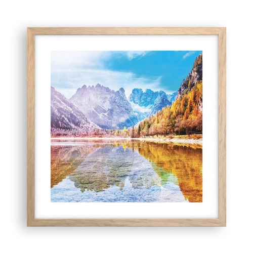 Poster in einem Rahmen aus heller Eiche - Und in den Bergen ist es schon Herbst - 40x40 cm