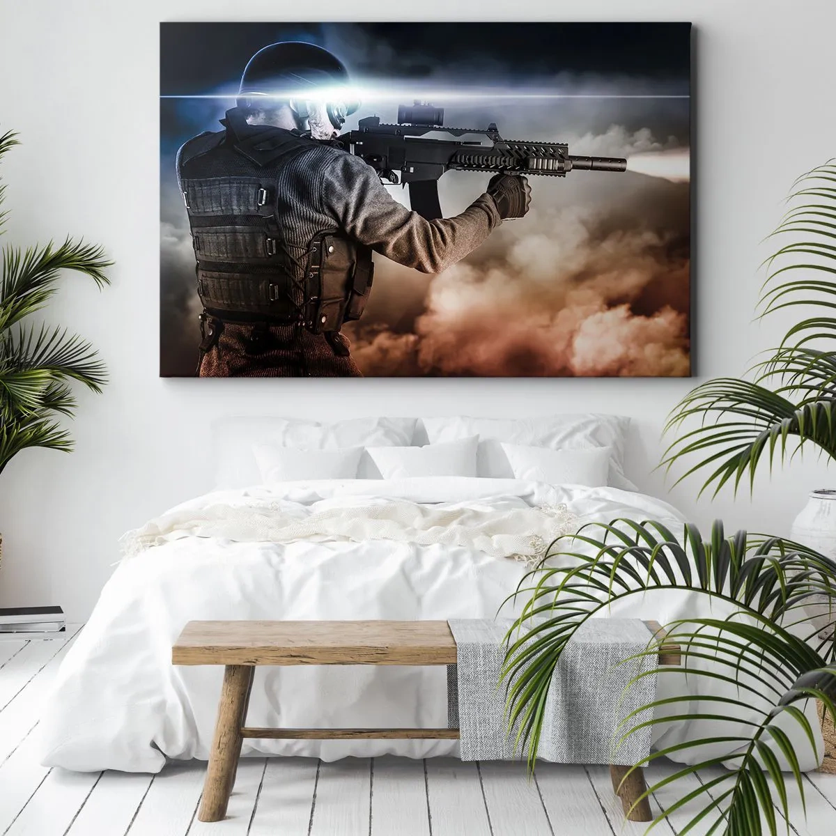 Bild auf Leinwand - Leinwandbild - Ein Soldat im Einsatz mit einem Gewehr vor einem Hintergrund aus Wolken und Licht. - 120x80cm - Nur ein Held - Moderne Wanddekoration für Wohnzimmer und Schlafzimmer ARTTOR