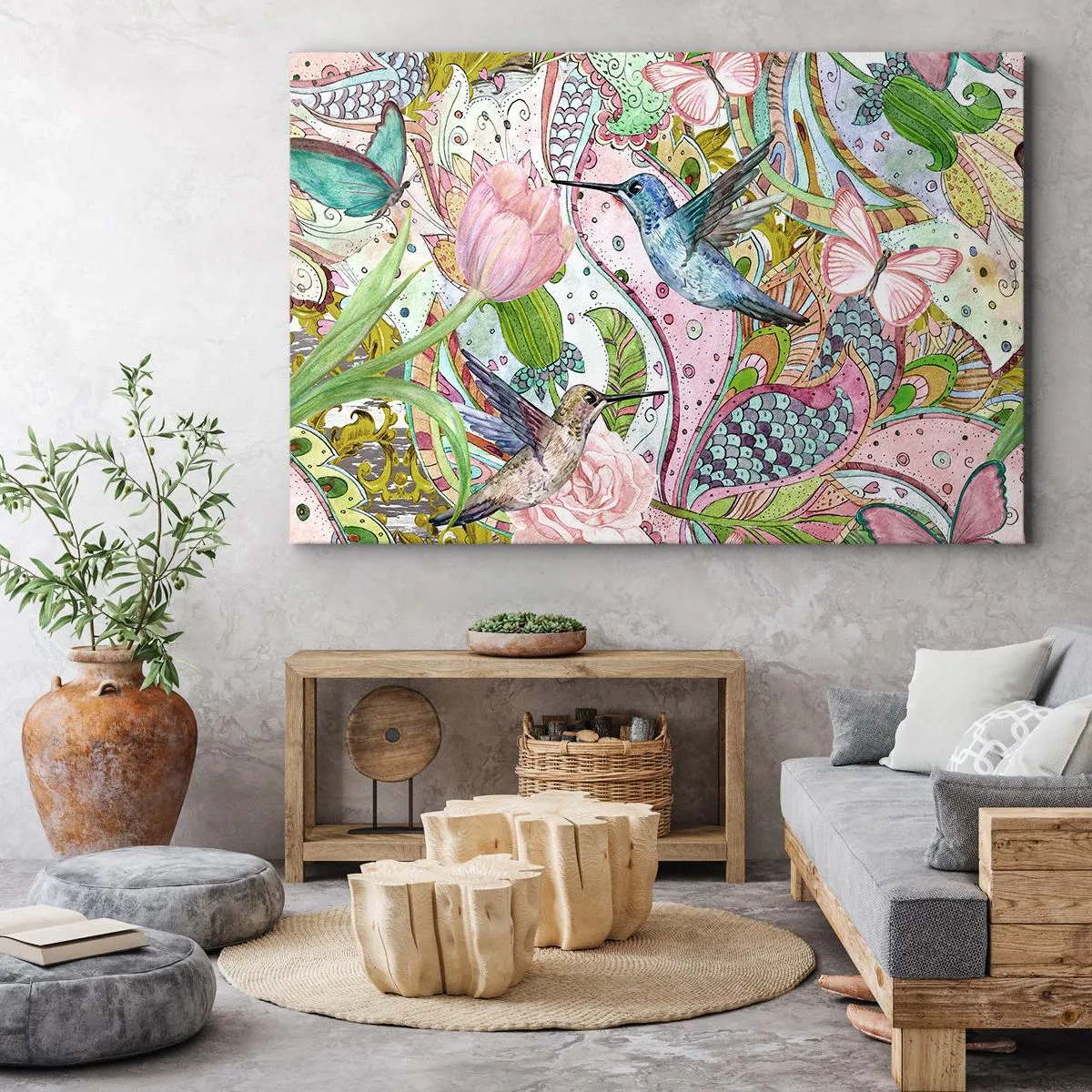 Bild auf Leinwand - Leinwandbild - Bunte Kolibris und Schmetterlinge zwischen den Pflanzen - 70x50cm - Verstrickt in Weinreben - Moderne Wanddekoration für Wohnzimmer und Schlafzimmer ARTTOR